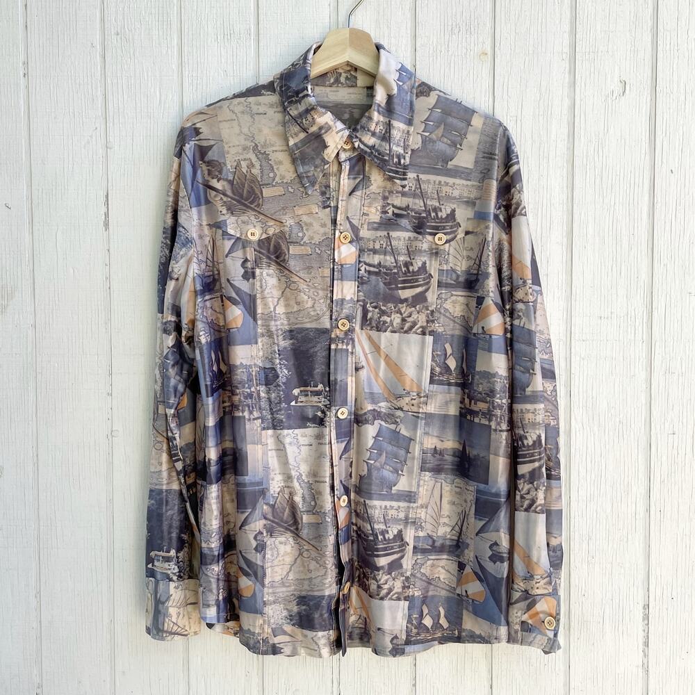 1960s Nautical Psychedelic Polyester Shirt Men's Sz L or XL